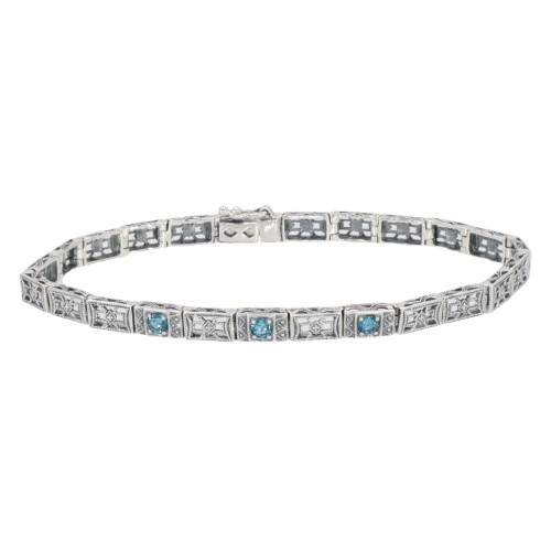 7 0.25 Victorian Style 3 Stone London Blue Topaz Filigree Bracelet in Fine Sterling Silver
