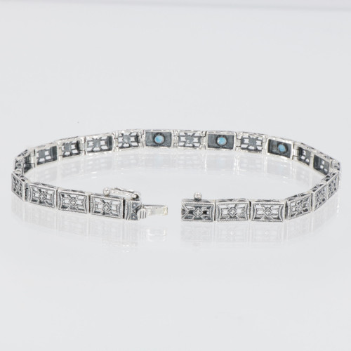 7 0.25 Victorian Style 3 Stone London Blue Topaz Filigree Bracelet in Fine Sterling Silver
