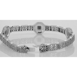 Art Deco Style Camphor Glass Crystal / CZ Filigree Bracelet - Sterling Silver