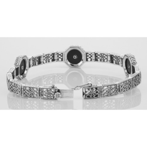 Art Deco Style Black Onyx and White Topaz Filigree Link Bracelet Sterling