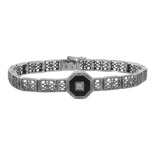 Art Deco Style Black Onyx and White Topaz Filigree Link Bracelet Sterling Silver
