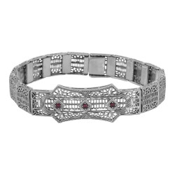 Art Deco Style Filigree Bracelet 3 Natural Red Ruby Gemstones - Sterling Silver
