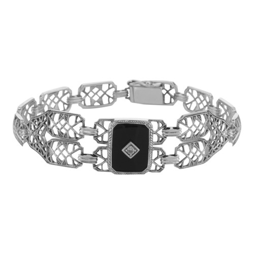 Art Deco Style Black Onyx Link Bracelet - Sterling Silver