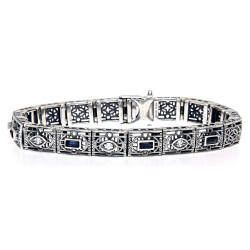 Art Deco Style Blue Sapphire  White Topaz Filigree Bracelet Sterling Silver