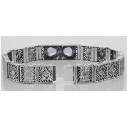 Art Deco Style Filigree Bracelet Genuine Amethyst  Diamond Sterling Silver