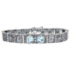 Art Deco Style Filigree Bracelet Genuine Blue Topaz  Diamond Sterling Silver