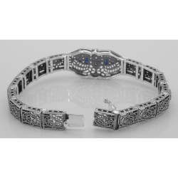 Art Deco Style Blue Sapphire  White Topaz Filigree Bracelet Sterling Silver