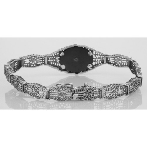 Art Deco Style Black Onyx / Diamond Filigree Bracelet. - Sterling Silver