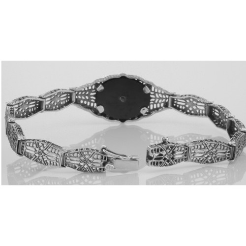 Art Deco Style Black Onyx / Diamond Filigree Bracelet. - Sterling Silver