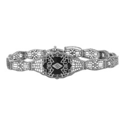 Art Deco Style Black Onyx / Diamond Filigree Bracelet. - Sterling Silver