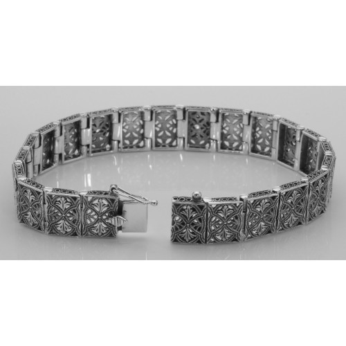 Victorian Style Blue Topaz and Diamond Filigree Link Bracelet - Sterling Silver