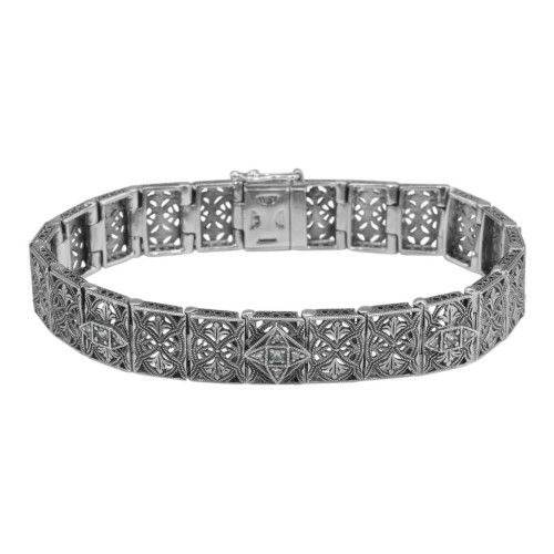 Victorian Style Blue Topaz and Diamond Filigree Link Bracelet - Sterling Silver