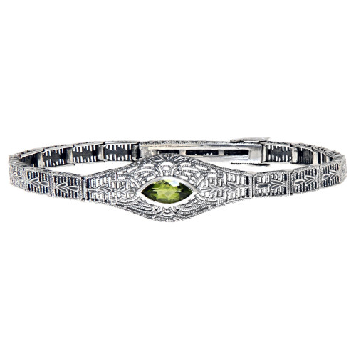 Victorian Style Peridot Filigree Link Bracelet in Fine Sterling Silver