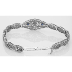 Art Deco Style Blue Sapphire  Diamond Filigree Bracelet in Fine Sterling Silver