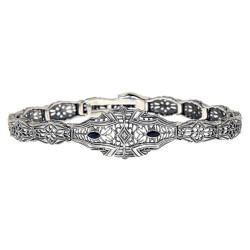 Art Deco Style Blue Sapphire  Diamond Filigree Bracelet in Fine Sterling Silver