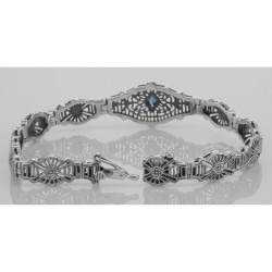Art Deco Style Blue Sapphire Filigree Bracelet - Sterling Silver 7.25 