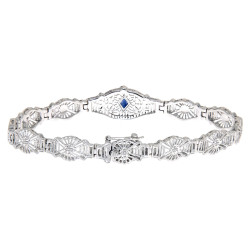 Art Deco Style Blue Sapphire Filigree Bracelet - 14kt White Gold 7.25 