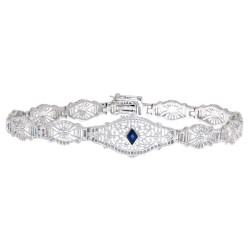 Art Deco Style Blue Sapphire Filigree Bracelet - 14kt White Gold 7.25 