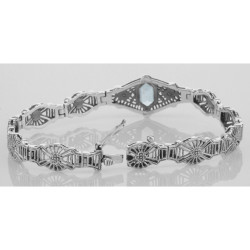 Art Deco Style Blue Topaz / Diamond Filigree Bracelet - Sterling Silver
