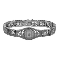Art Deco Style 3 Stone Camphor Glass and Diamond Filigree Link Bracelet Sterling