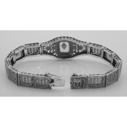 Art Deco Style 3 Stone Camphor Glass and Diamond Filigree Link Bracelet Sterling