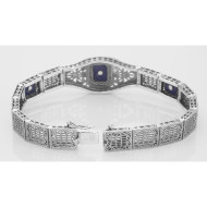 Art Deco Style 3 Stone Blue Lapis and Diamond Filigree Link Bracelet Sterling
