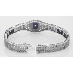 Art Deco Style 3 Stone Blue Lapis and Diamond Filigree Link Bracelet Sterling