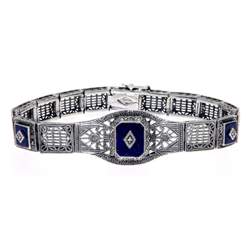 Art Deco Style 3 Stone Blue Lapis and Diamond Filigree Link Bracelet Sterling