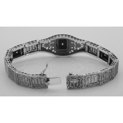 Art Deco Style 3 Stone Black Onyx and Diamond Filigree Link Bracelet Sterling