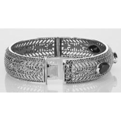 Art Deco Style Filigree Bangle Bracelet Black Oynx Sterling Silver