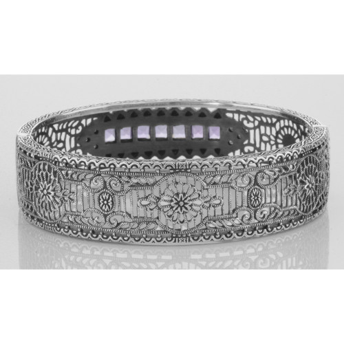 Art Deco Style Amethyst and Diamond Filigree Bangle Sterling Silver
