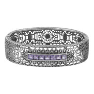 Art Deco Style Amethyst and Diamond Filigree Bangle Sterling Silver