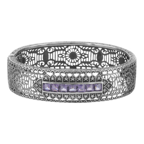 Art Deco Style Amethyst and Diamond Filigree Bangle Sterling Silver