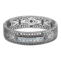 Art Deco Style Filigree Bangle Bracelet w/ Blue Topaz  Diamond Sterling Silver