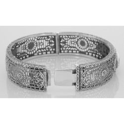 Art Deco Style Filigree Bangle Bracelet w/ Blue Topaz  Diamond Sterling Silver