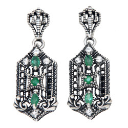 Art Deco Genuine Emerald and White Topaz Filigree Earrings - Sterling Silver