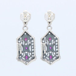 Art Deco Genuine Ruby and White Topaz Filigree Earrings - Sterling Silver