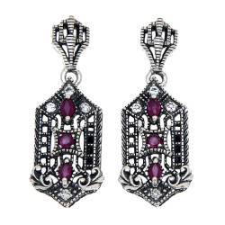 Art Deco Genuine Ruby and White Topaz Filigree Earrings - Sterling Silver