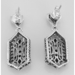 Art Deco Blue Sapphire and White Topaz Filigree Earrings - Sterling Silver