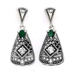 Art Deco Emerald and White Topaz Filigree Earrings - Sterling Silver