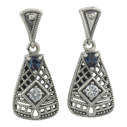 Art Deco Blue Sapphire and White Topaz Filigree Earrings - Sterling Silver