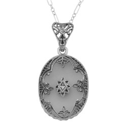 Antique Style Camphor Glass Crystal Filigree Diamond Pendant - Sterling Silver