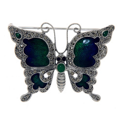 Antique Style Fine Enamel and Marcasite Butterfly Pin - Sterling Silver