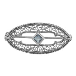 Antique Style Filigree Pin / Brooch with Genuine Blue Topaz Sterling Silver