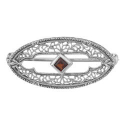 Antique Style Filigree Pin / Brooch with Genuine Garnet - Sterling Silver
