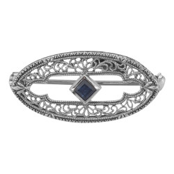 Antique Style Filigree Blue Sapphire Pin / Brooch - Sterling Silver