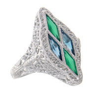 14kt White Gold Art Deco Style Ring w/ London Blue Topaz Green Chalcedony