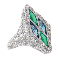 14kt White Gold Art Deco Style Ring w/ London Blue Topaz Green Chalcedony