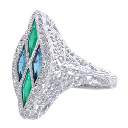 14kt White Gold Art Deco Style Ring w/ London Blue Topaz Green Chalcedony