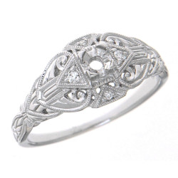 14kt White Gold Art Deco Semi Mount for 3 Filigree Ring Sapphire accents